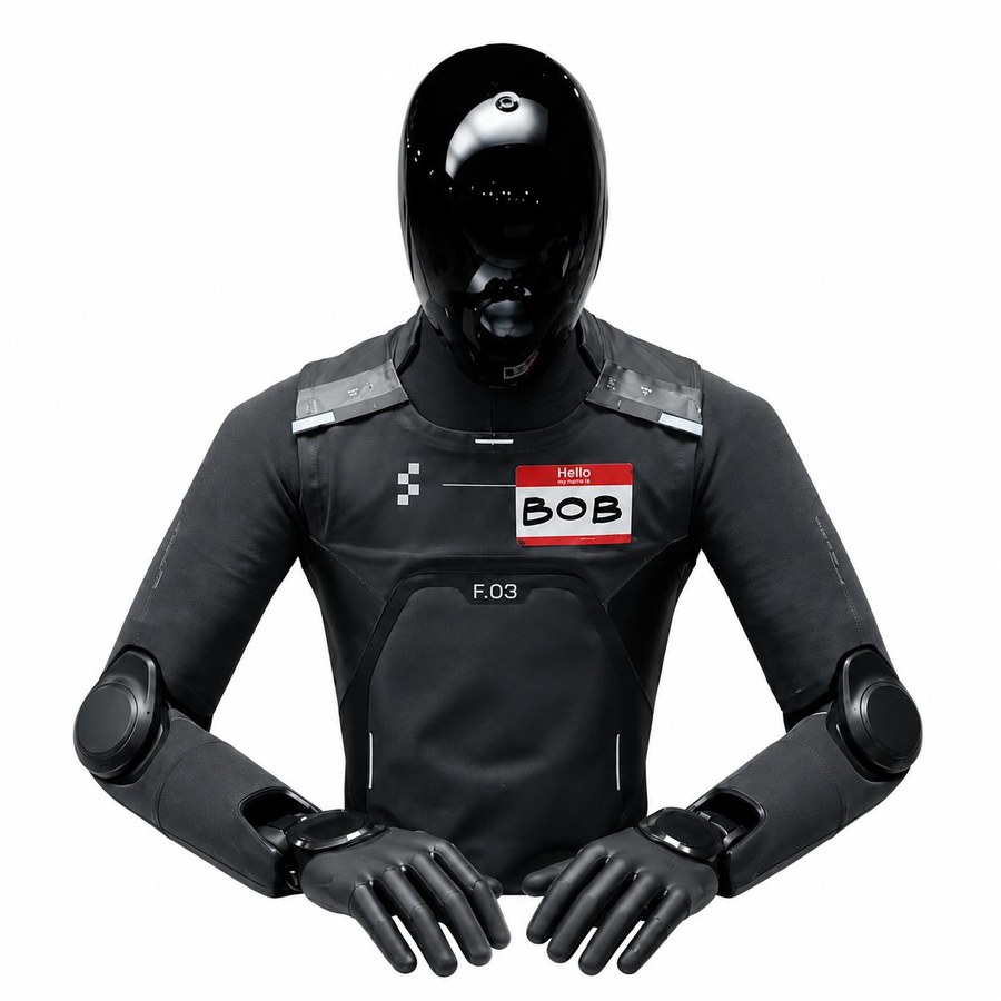 the BOB humanoid robot front shot with a 'Hello my name is BOB' sticker on its chest plate marked F.03