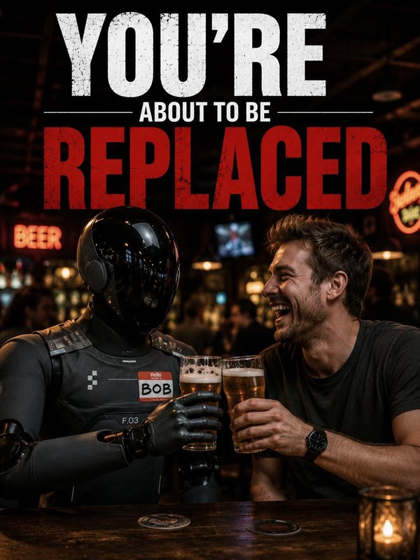 poster captioned YOU'RE ABOUT TO BE REPLACED with BOB clinking beer with a laughing person at a bar