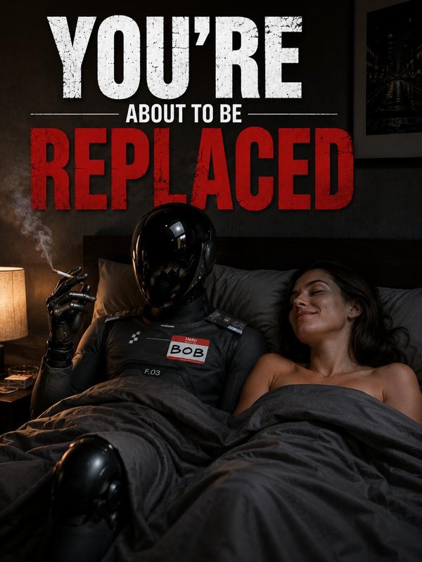 poster captioned YOU'RE ABOUT TO BE REPLACED with BOB lounging in bed beside a smiling person