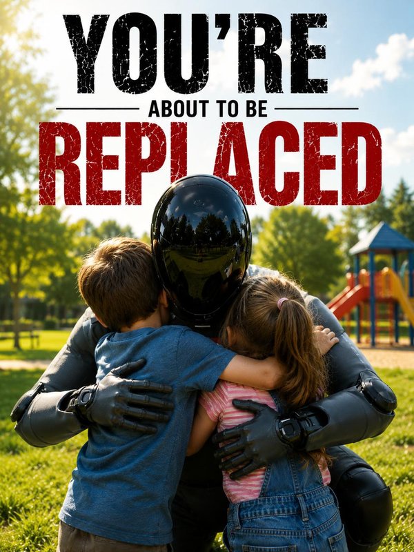poster captioned YOU'RE ABOUT TO BE REPLACED with BOB hugging two kids in a sunny playground